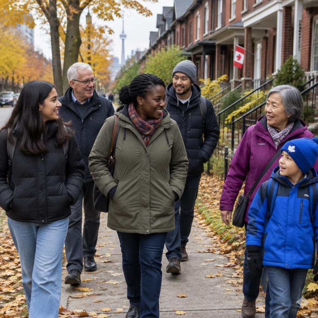 Group of neighbours walking together on a residential street in autumn