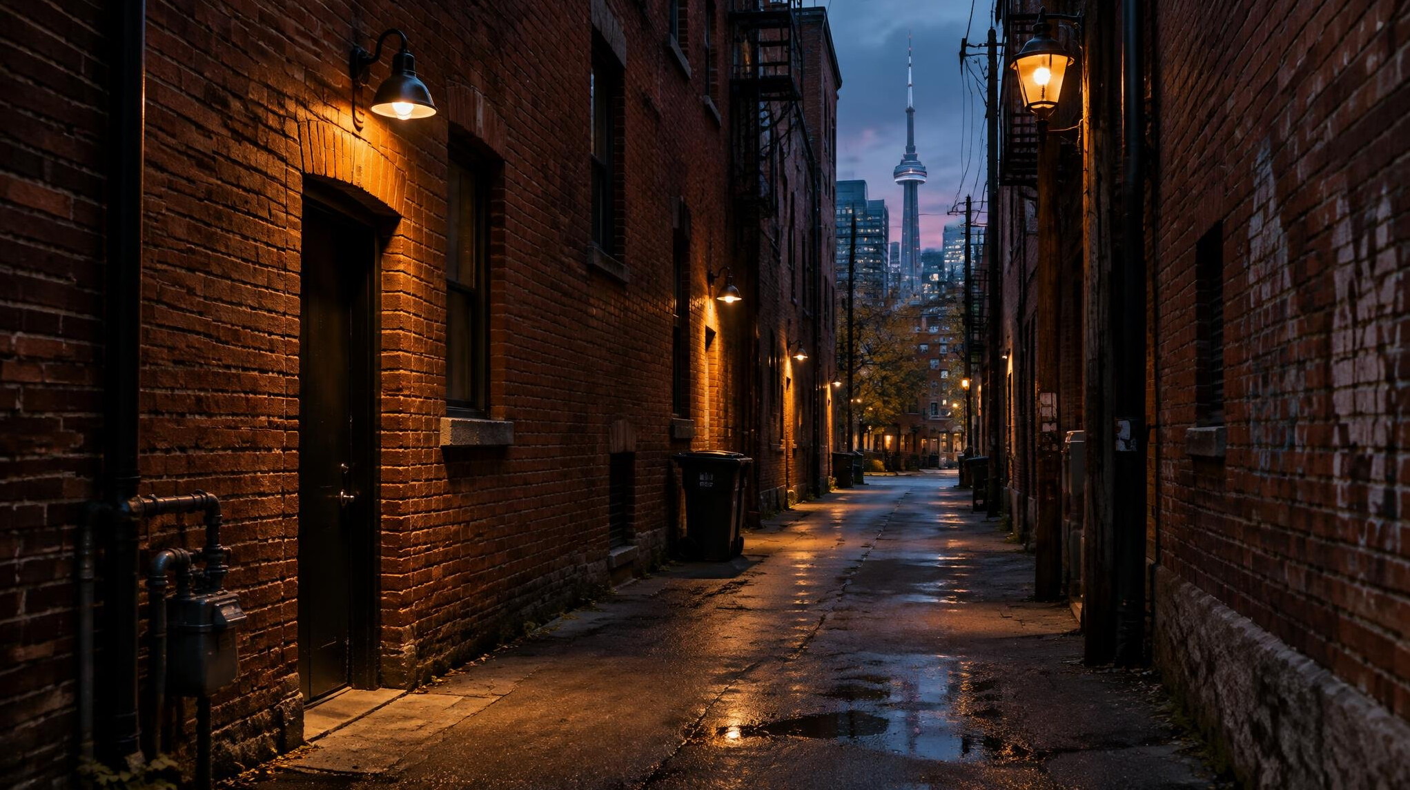 Narrow urban alley lit by warm lamp light in the evening