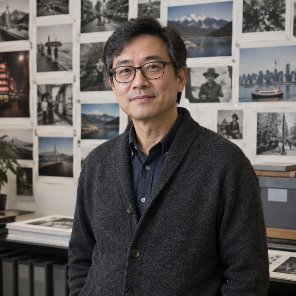 Portrait of a photo archivist standing before printed photographs