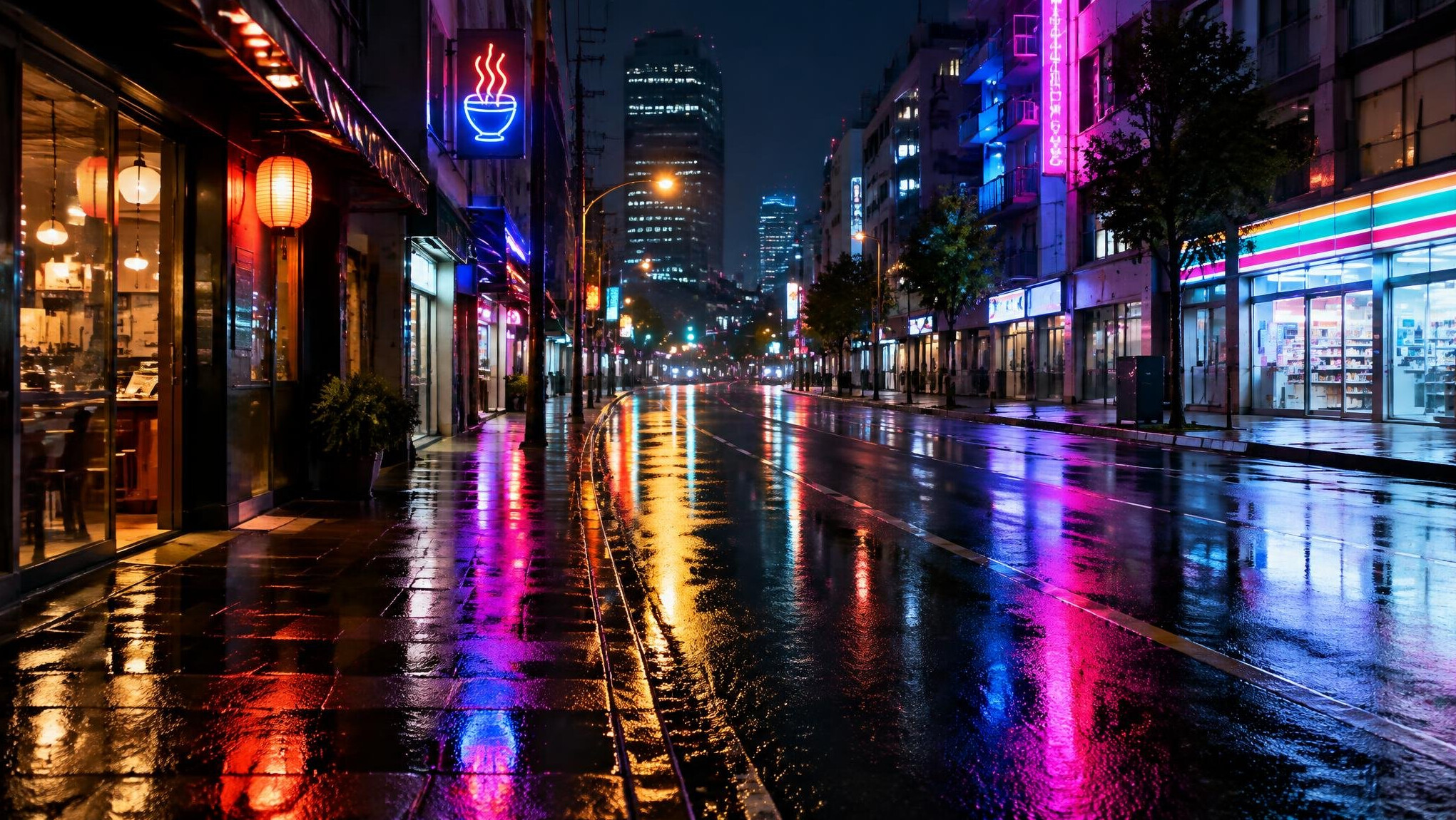 Neon signs reflected on a wet city street at night